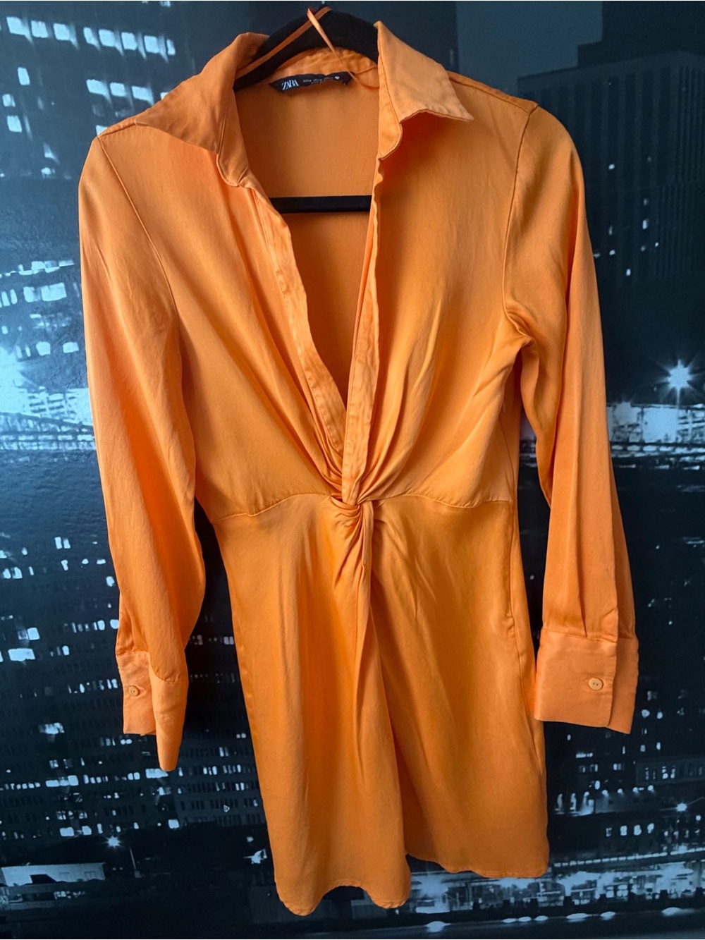 Zara Bright Orange Twist-Waist Long-Sleeve Dress